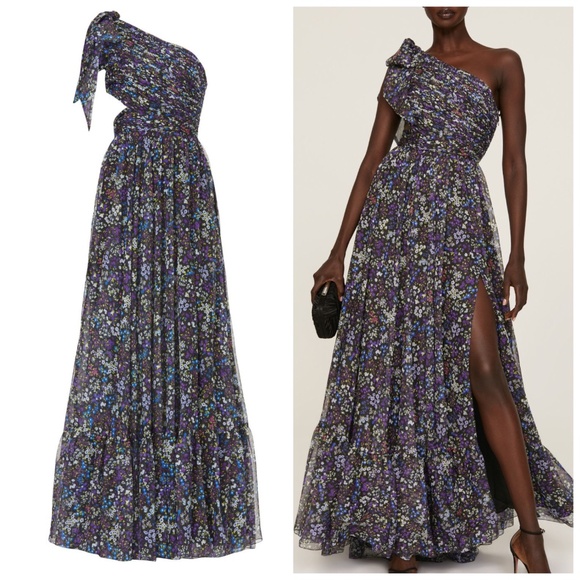 Ieena for Mac Duggal One Shoulder Floral Gown Maxi Dress Purple Chiffon - Size 0 - Picture 1 of 10